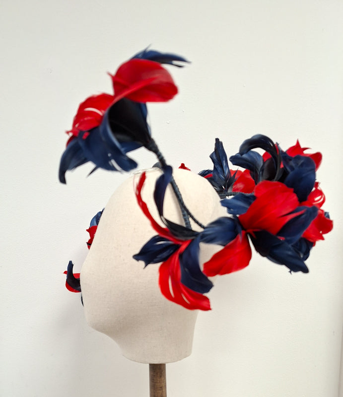 Red & Navy 3D Feathered Headpiece – Statement Race Day Headwear