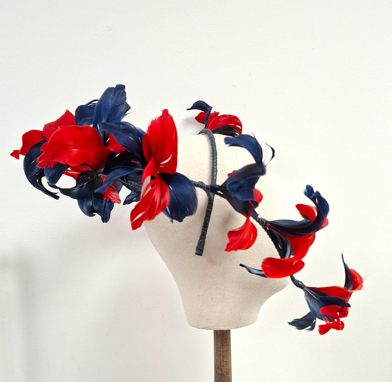 Red & Navy 3D Feathered Headpiece – Statement Race Day Headwear