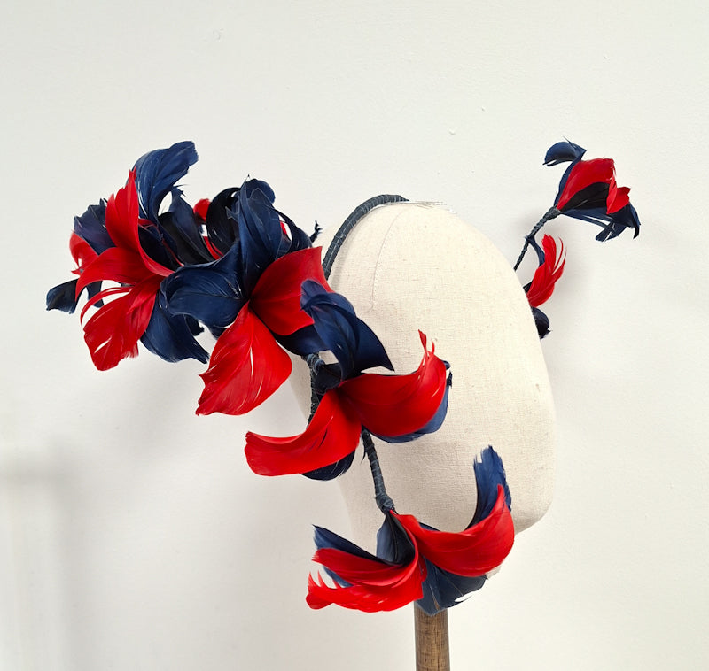 Red & Navy 3D Feathered Headpiece – Statement Race Day Headwear