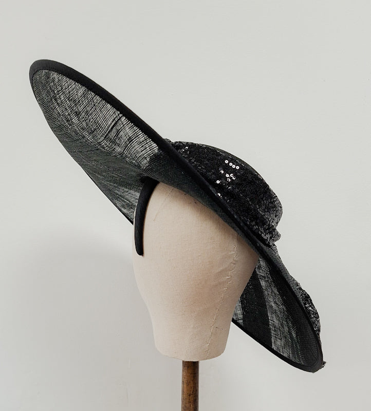 Black Sinamay Hat with Sequin Wrap