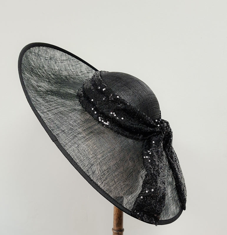 Black Sinamay Hat with Sequin Wrap