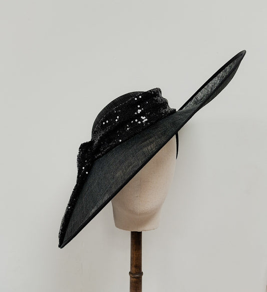 Black Sinamay Hat with Sequin Wrap